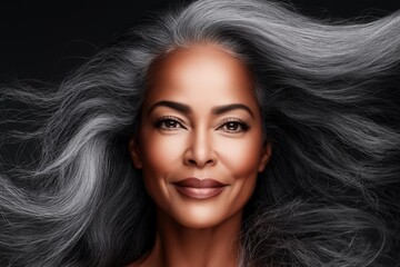 Obraz premium A striking portrait of a mature woman with long gray hair flowing around her, smooth healthy skin, and a confident expression, showcasing natural beauty, elegance against a dark background