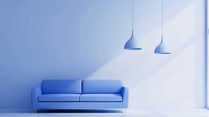 A bright blue sofa with matching pendant lights in a minimal living room, highlighting simplicity and elegance