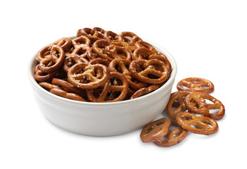 Delicious pretzel crackers in bowl isolated on white