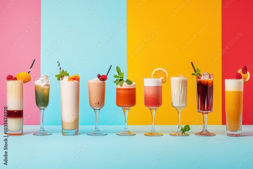 Poster colorful tall glasses filled with various refreshing drinks and milkshakes create a lively atmospher