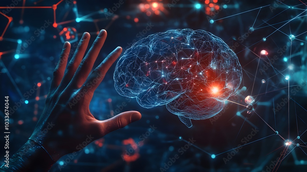 Poster a hand reaching towards a wireframe brain in a network of connections