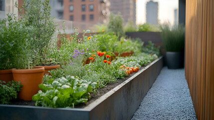 Fototapeta premium A rooftop garden with rows of vegetable beds, herbs, and flowers, providing a sustainable green space in the city
