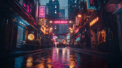 Dark cyberpunk city street illuminated by neon lights, creating a moody atmosphere -