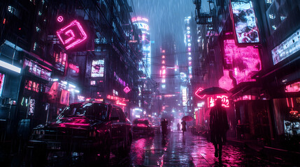 Obraz premium Dark cyberpunk city street illuminated by neon lights, creating a moody atmosphere -