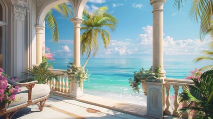 Fototapeta premium Ultra detailed balcony with oceanfront scenery, featuring a reading nook