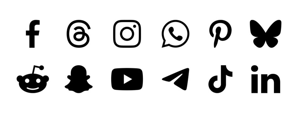 Social media logo icon facebook, threads, instagram, whatsapp, pinterest, blue sky, reddit, snapchat, youtube, telegram, tiktok, linkedin button set. Collection of social network icons vector