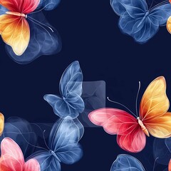 A vibrant pattern featuring colorful butterflies in shades of blue, red, and orange set against a dark background, creating a striking visual appeal.