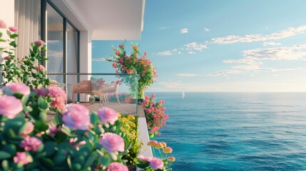 Ultra detailed balcony with oceanfront scenery, minimalist metal furniture