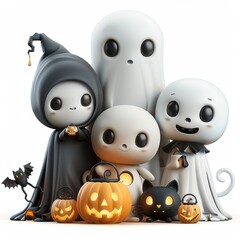 Fototapeta premium Cute Halloween Characters with Pumpkins and Black Cat