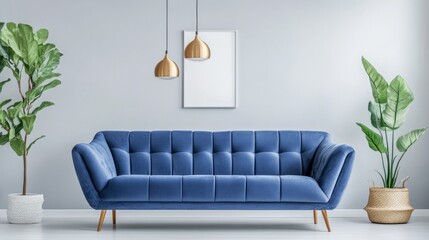 Bright and airy living room with a blue sofa and pendant lights, contrasted by light gray walls