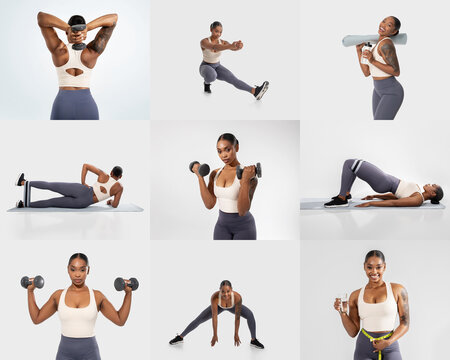 Black woman performs a variety of exercises using dumbbells and a foam roller, showcasing strength and flexibility in a brightly lit gym environment. Each position highlights her fitness routine.