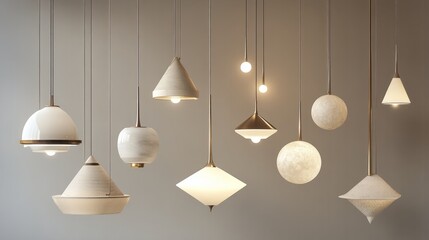 Collection of trendy lighting fixtures in PNG format, showcasing sleek pendants, sculptural lamps, and minimalist chandeliers.