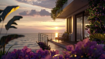Ultra detailed balcony with oceanfront scenery, minimalist decor