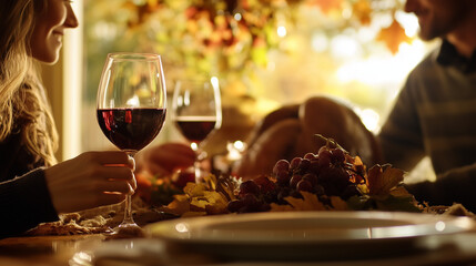 Obraz premium Cozy Thanksgiving Dinner with Wine and Warm Atmosphere