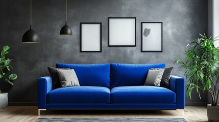 Cozy living room featuring a bold blue sofa, sleek pendant lights, and subtle gray walls with natural lighting.