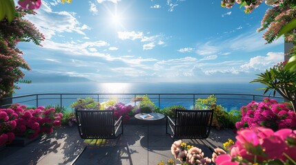 Ultra detailed balcony with oceanfront scenery, modern black furniture