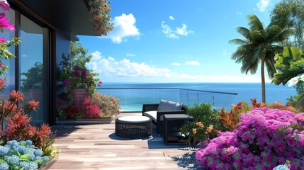 Ultra detailed balcony with oceanfront scenery, modern black furniture