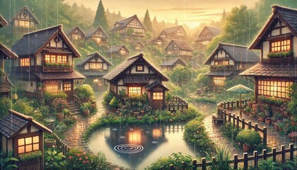 Fototapeta premium 夕暮れに包まれた日本の伝統的な村。家々の明かりがともり、中央には静かな池が広がっています。緑豊かな風景と温かい光が、静寂で落ち着いた雰囲気を演出し、自然との調和を感じさせます。