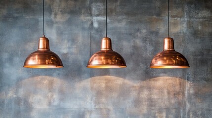 Obraz premium Industrial-style interior with three vintage copper pendant lights and a raw-textured wall