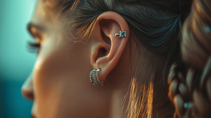 Close-up of a tragus piercing, tiny stud placed precisely, ear adorned with other jewelry