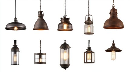 Obraz premium Lighting fixture PNG set with diverse designs, including rustic metal lights, glass pendants, and sculptural lamps.