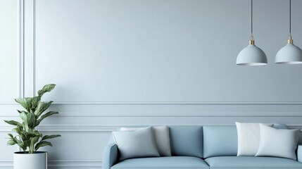 Minimalist decor with a blue sofa, pendant lights, and light gray walls, creating a calm and modern vibe