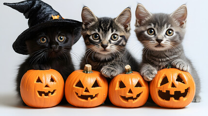 Three Adorable Cats Dressed in Halloween Costumes, Perfectly Capturing the Playful Spirit of the Holiday. Ideal for Celebrating Halloween with Fun and Whimsy, These Feline Friends are Ready for Trick-