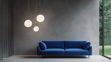Minimalist interior with a bold blue couch, soft lighting from matching pendants, and a gray wall finish.
