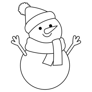 recommend clip art: smiling snowman wearing winter hat and scarf outline illustration