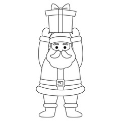 cute santa claus is holding a christmas gift over the head outline illustration