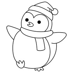happy penguin wearing winter hat and scarf outline illustraion