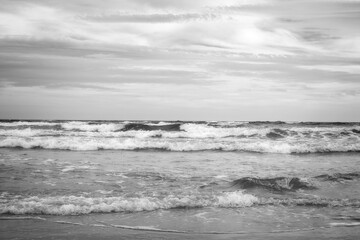 Black and white image of the Baltic sea  at dusk.