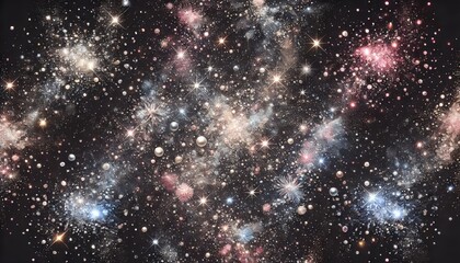 Obraz premium 暗い背景に広がるきらめくグリッターの構成で、輝く粒子や反射が星空のようなダイナミックで輝かしい効果を生み出しています。