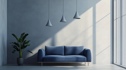 Modern, cozy corner featuring a blue sofa under pendant lights, set against smooth, pale gray walls.