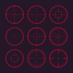 Various sniper rifle sights with degree scale, weapon optical scope crosshair. Hunting gun viewfinder. Shooting mark symbol, aim. Military target sign. Game interface UI element. Vector illustration