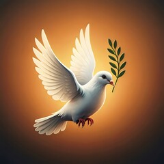 Obraz premium White dove with an olive branch. Isolated on an orange glowing and dark background.