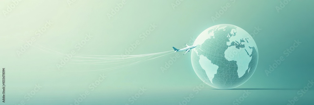 Poster An airplane departs from a minimalist globe, creating a trail that signifies global exploration and the excitement of travel. Generative AI