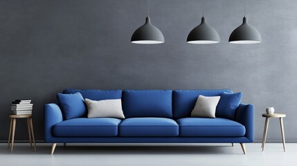 Modern living space featuring a bright blue sofa, complementing sleek pendant lights and neutral gray walls.