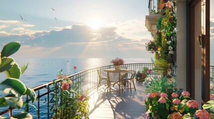 Ultra detailed balcony with oceanfront views, equipped with a hammock chair