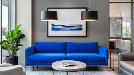 Modern living space featuring a bright blue sofa, complementing sleek pendant lights and neutral gray walls.