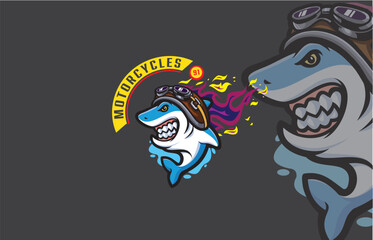A fierce shark in aviator goggles, roaring, perfect for a motorcycle club logo.