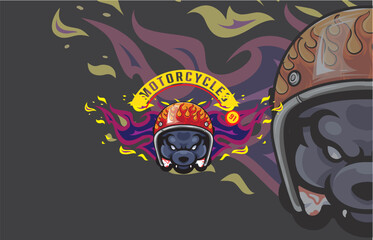 Vibrant motorcycle helmet graphic featuring a fierce bear and bold flames. This dynamic design combines fiery colors and striking imagery to create an eye-catching motorcycle theme on a dark backgroun