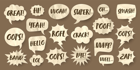 Crumpled brown paper comic speech bubbles. Hand drawn retro cartoon stickers with text. Pop art style. Old, vintage dialog boxes with cardboard texture. Vector illustration