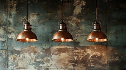 Obraz premium Set of three rustic copper pendant lights with a weathered wall behind, creating a warm, urban feel.
