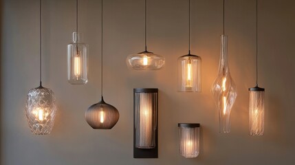 Stylish lighting fixture collection in PNG, featuring glass pendants, sculptural chandeliers, and sleek wall sconces