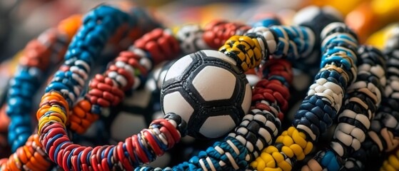 A close-up of colorful soccer-themed bracelets made from small beads. In the centre is a miniature soccer ball charm surrounded by various bracelets in different color combinations. Generative AI