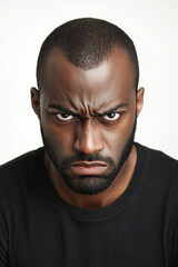 Obraz premium Portrait of an Angry Man in Black T-Shirt, Isolated on White Background, Frustration and Displeasure Concept