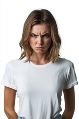 Fototapeta premium Portrait of an Angry Woman in a White T-Shirt with Arms Crossed, Isolated on White Background, Frustration and Displeasure Concept