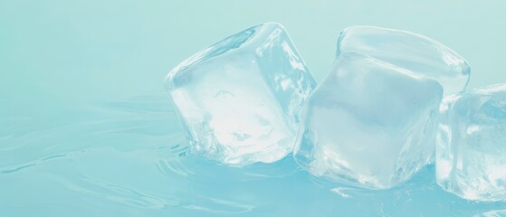 Obraz premium Ice cubes melting on a light blue surface. The ice cubes are transparent and slightly reflective, with smooth, rounded edges typical of partially melted ice. Generative AI