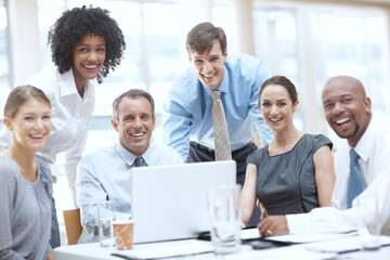 Fototapeta premium Collaboration, laptop and portrait of business people in boardroom of office together for management. Corporate, diversity and meeting with man and woman employee group in workplace for seminar